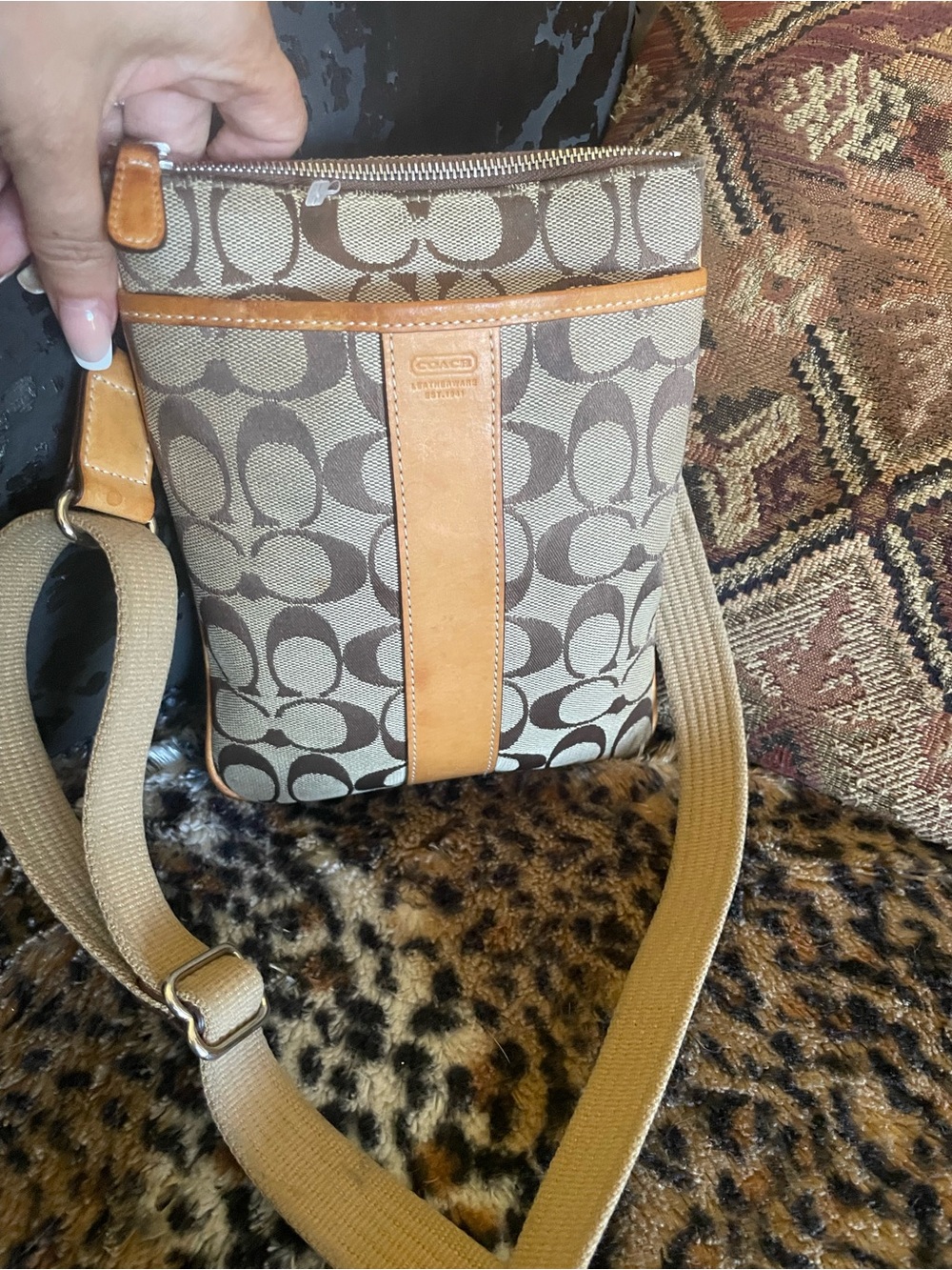 Coach Brown Signature Canvas Crossbody with Tan Leather Trim